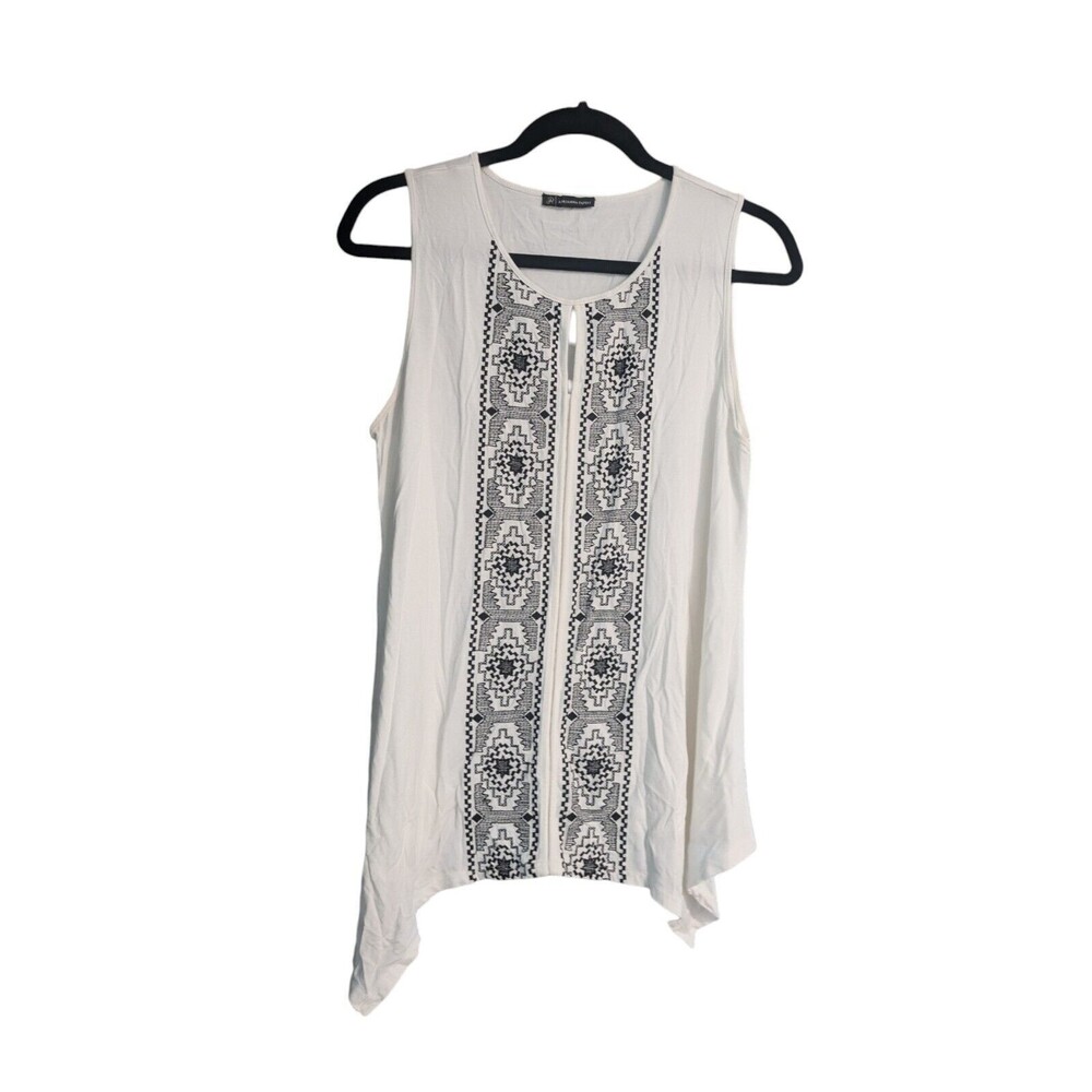 ADRIANNA PAPELL Knit Top Blouse Sleeveless Embroidery White Black Large